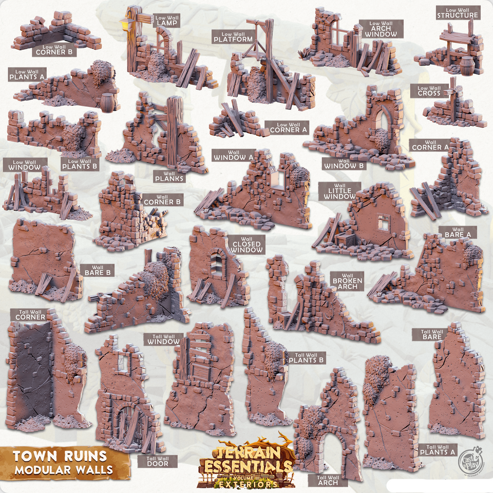 3D Printed Cast n Play Town - Town Ruins Modular Walls Set 28mm 32mm D&D - Charming Terrain