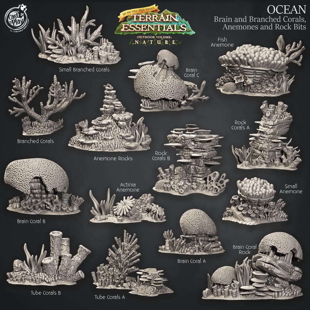 3D Printed Cast n Play Brain and Branched Corals, Anemones and Bock Bits Ocean Terrain Set Terrain Essentials Nature 28mm 32mm D&D