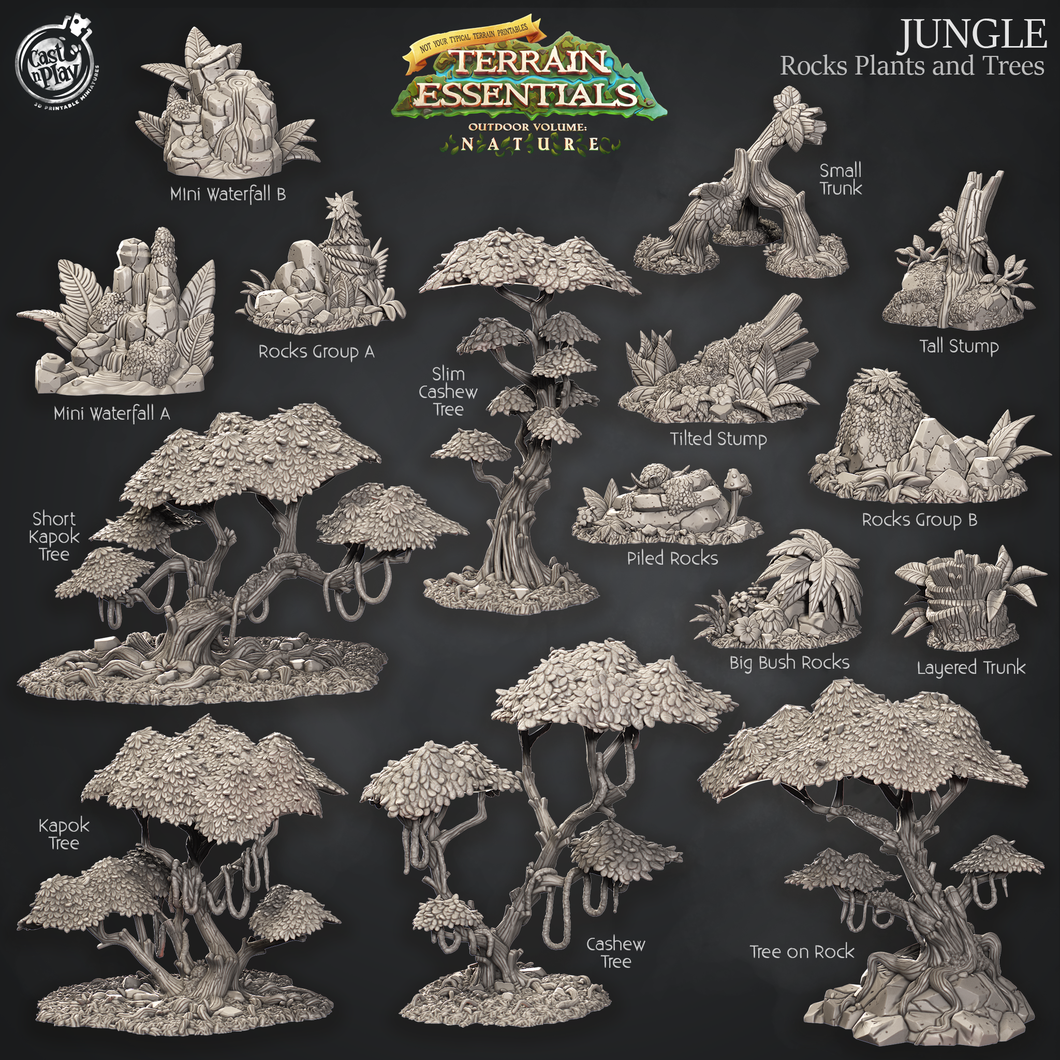 3D Printed Cast n Play Rocks Plants and Trees Jungle Terrain Set Terrain Essentials Nature 28mm 32mm D&D
