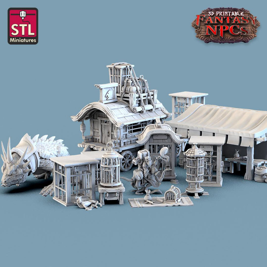 3D Printed STL Miniatures Exotic Pet Vendor Set Fantasy NPC 28mm - 32mm War Gaming D&D - Charming Terrain