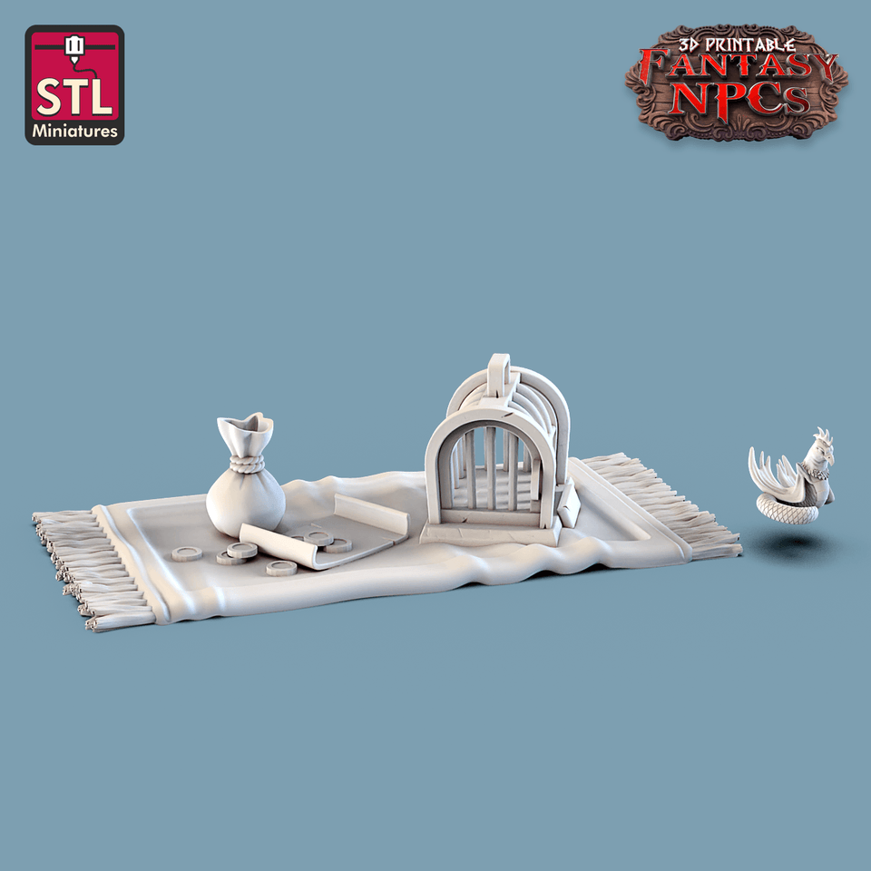 3D Printed STL Miniatures Exotic Pet Vendor Set Fantasy NPC 28mm - 32mm War Gaming D&D - Charming Terrain