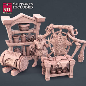 3D Printed STL Miniatures Leather Worker Set 28mm - 32mm War Gaming D&D - Charming Terrain