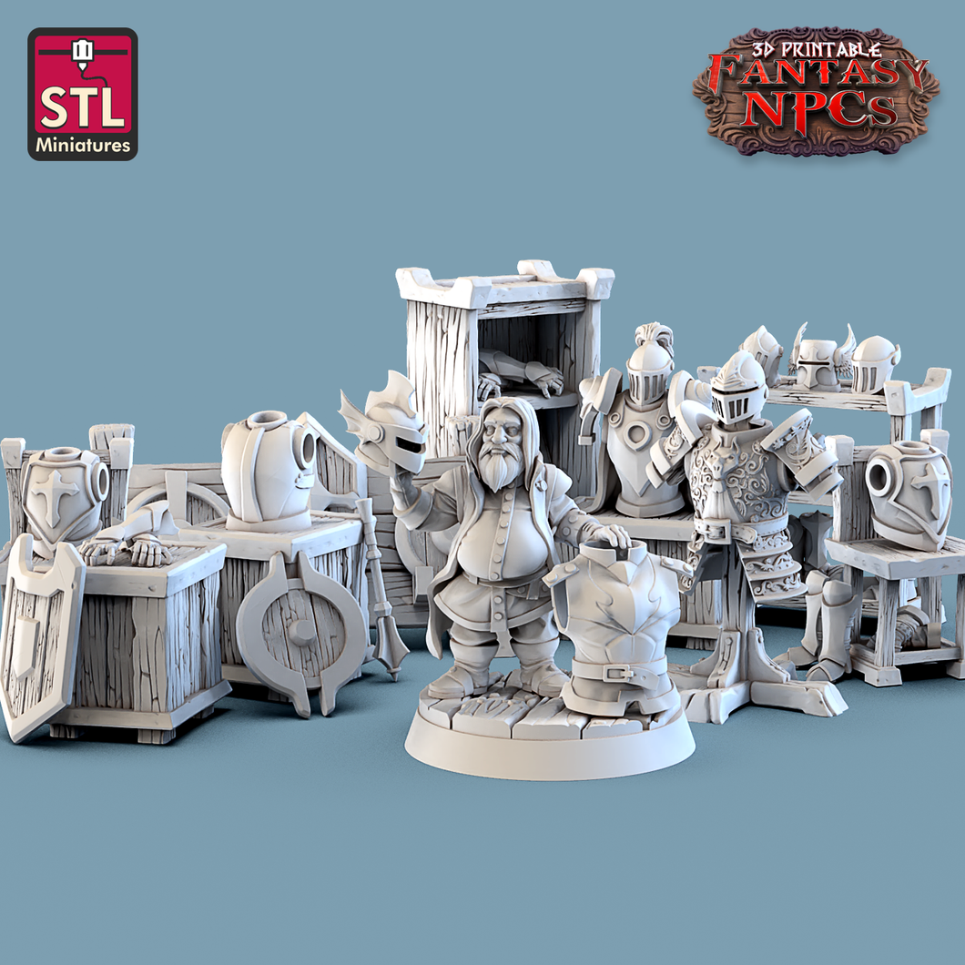 3D Printed STL Miniatures Armour Merchant Set Fantasy NPC 28mm - 32mm War Gaming D&D