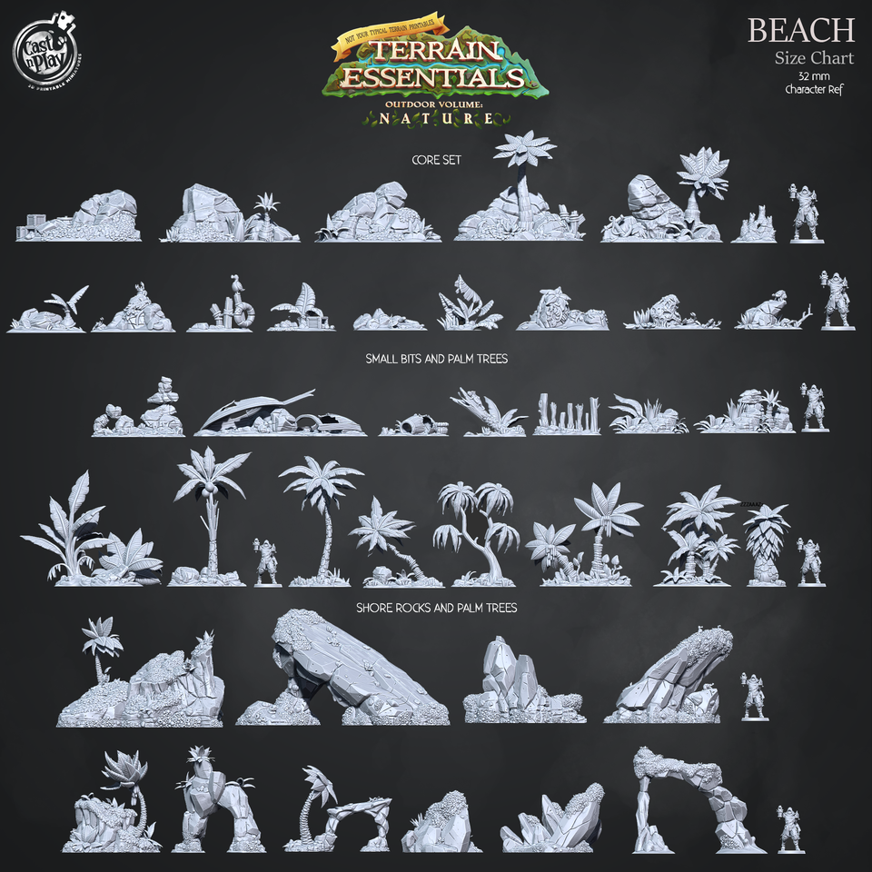 3D Printed Cast n Play Beach Shore Rocks w Palm Trees Terrain Essentials Nature 28mm 32mm D&D