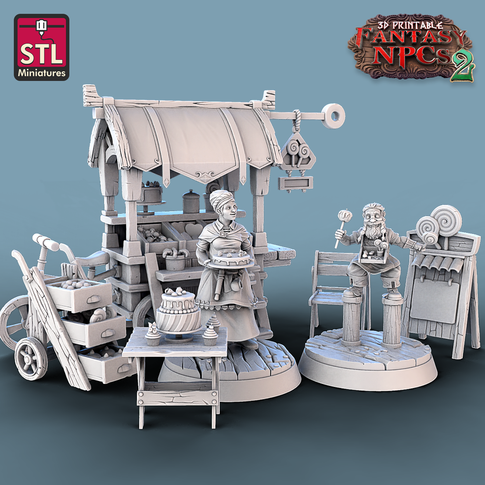 3D Printed STL Miniatures Candy Seller Set Fantasy NPC 2 | 28 - 32mm War Gaming D&D
