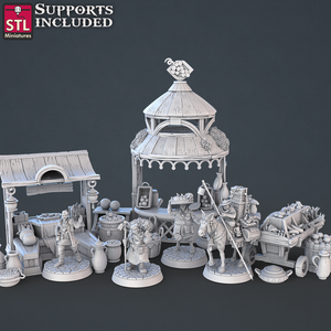 3D Printed STL Miniatures Food Vendors Set 28mm - 32mm War Gaming D&D