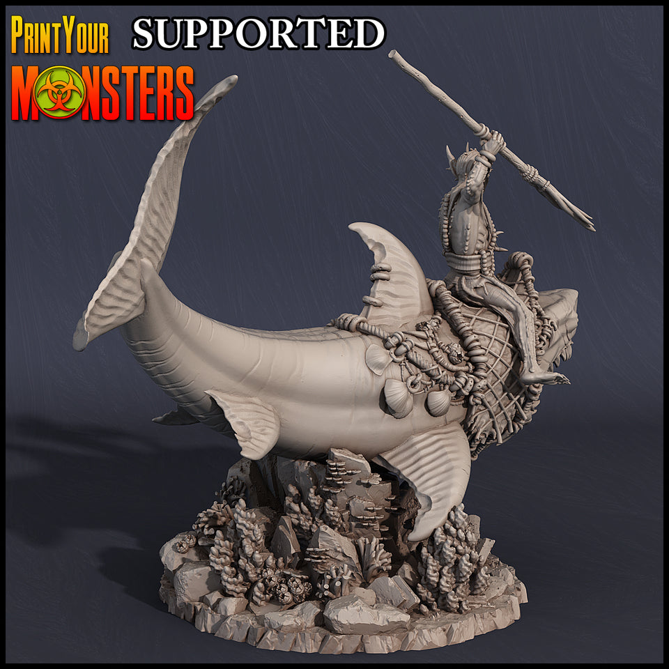 3D Printed Print Your Monsters Great White Shark Rider Dark Water Sanctum 28mm - 32mm D&D Wargaming