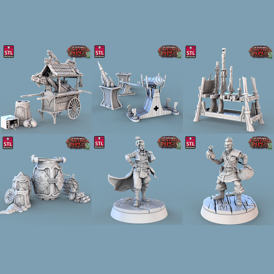 3D Printed STL Miniatures Gunpowder Vendors Set Fantasy NPC 2 | 28 - 32mm War Gaming D&D