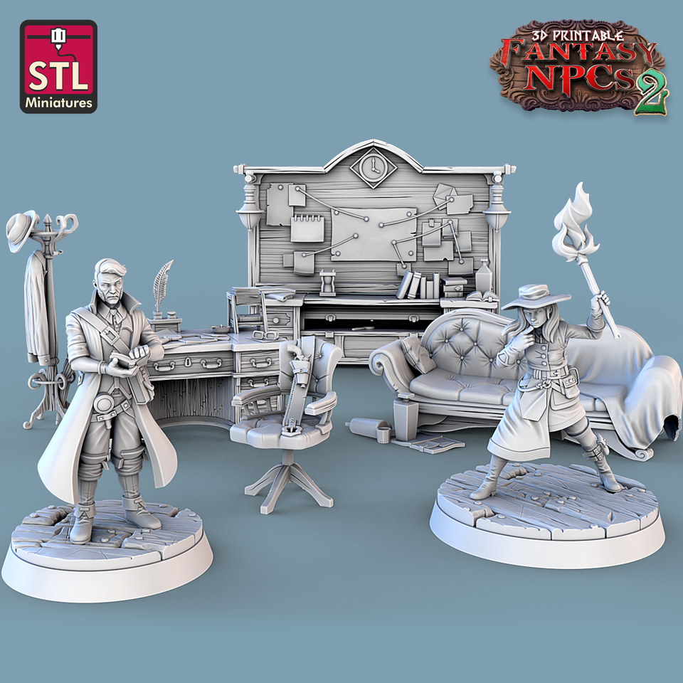 3D Printed STL Miniatures Investigator Set Fantasy NPC 2 | 28 - 32mm War Gaming D&D