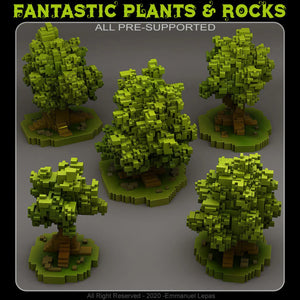 3D Printed Fantastic Plants and Rocks Pixel Trees 28mm - 32mm D&D Wargaming
