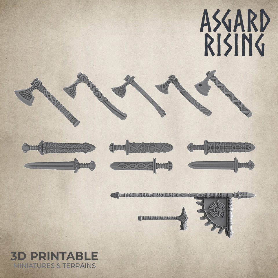 3D Printed Asgard Rising Sword and Ax Weapon Set 1 - 32mm D&D - Charming Terrain