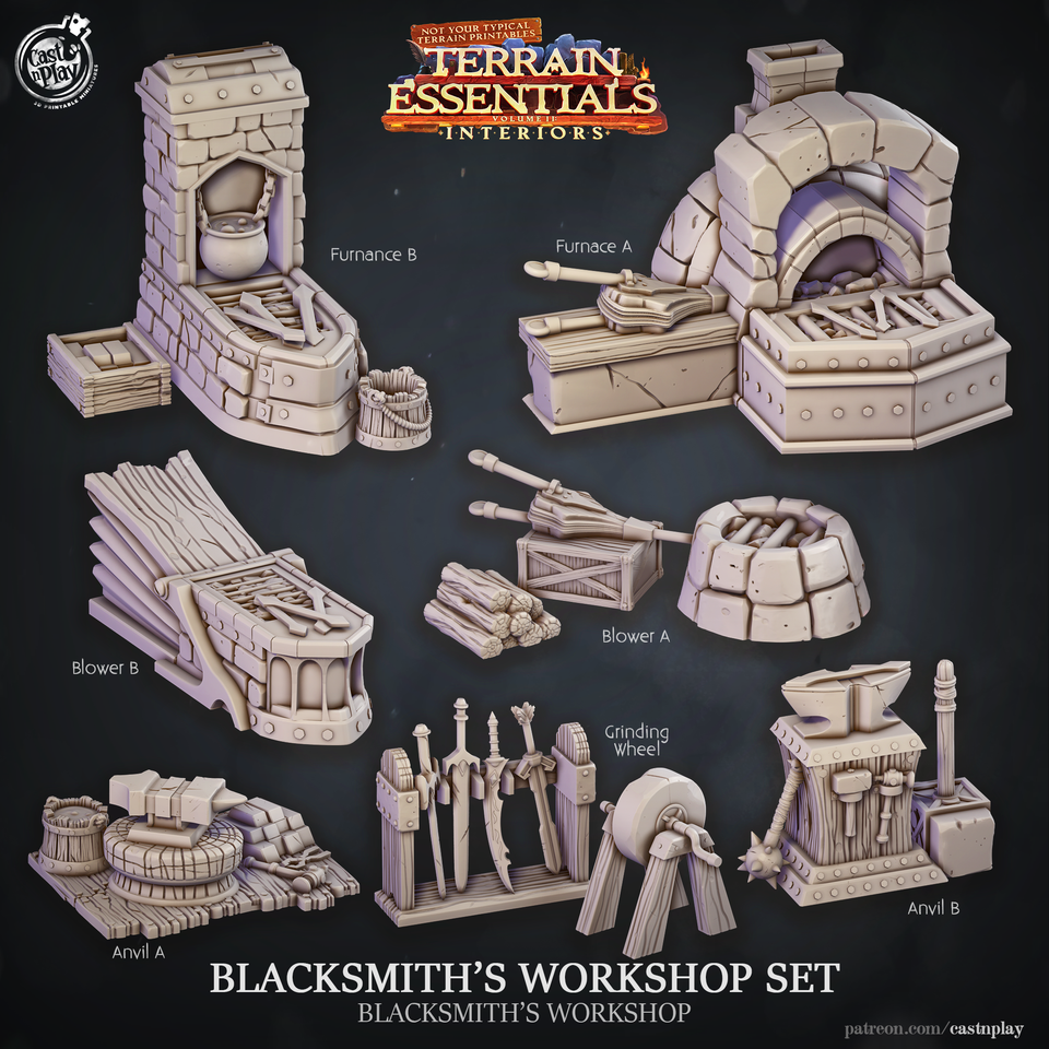3D Printed Cast n Play Blacksmith's Workshop Terrain Essentials 28mm 32mm D&D