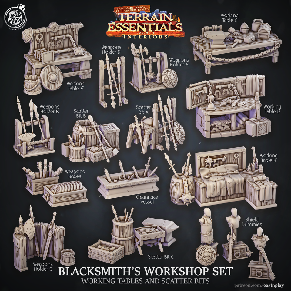 3D Printed Cast n Play Blacksmith's Workshop Tables and Bits Terrain Essentials 28mm 32mm D&D
