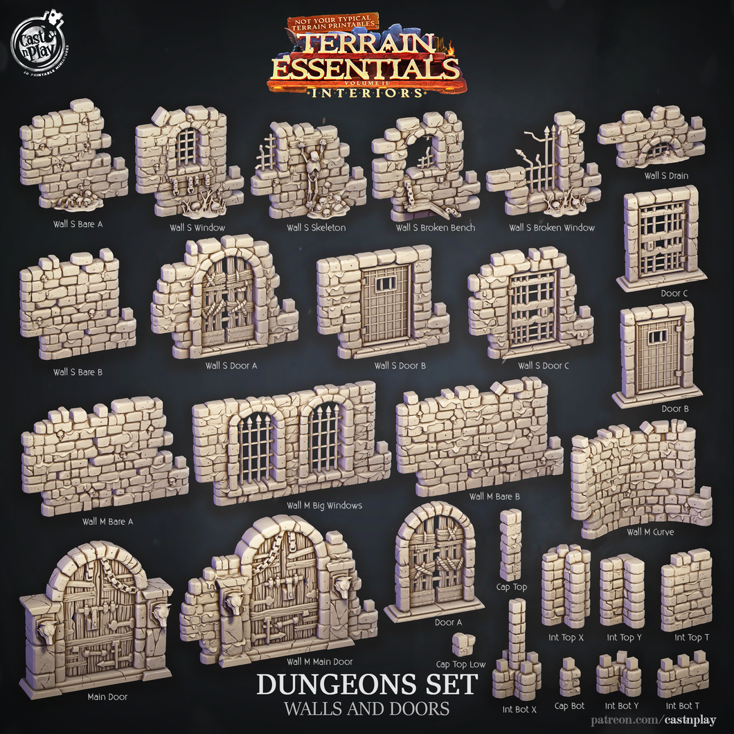 3D Printed Cast n Play Dungeons Walls and Doors Terrain Essentials 28mm 32mm D&D