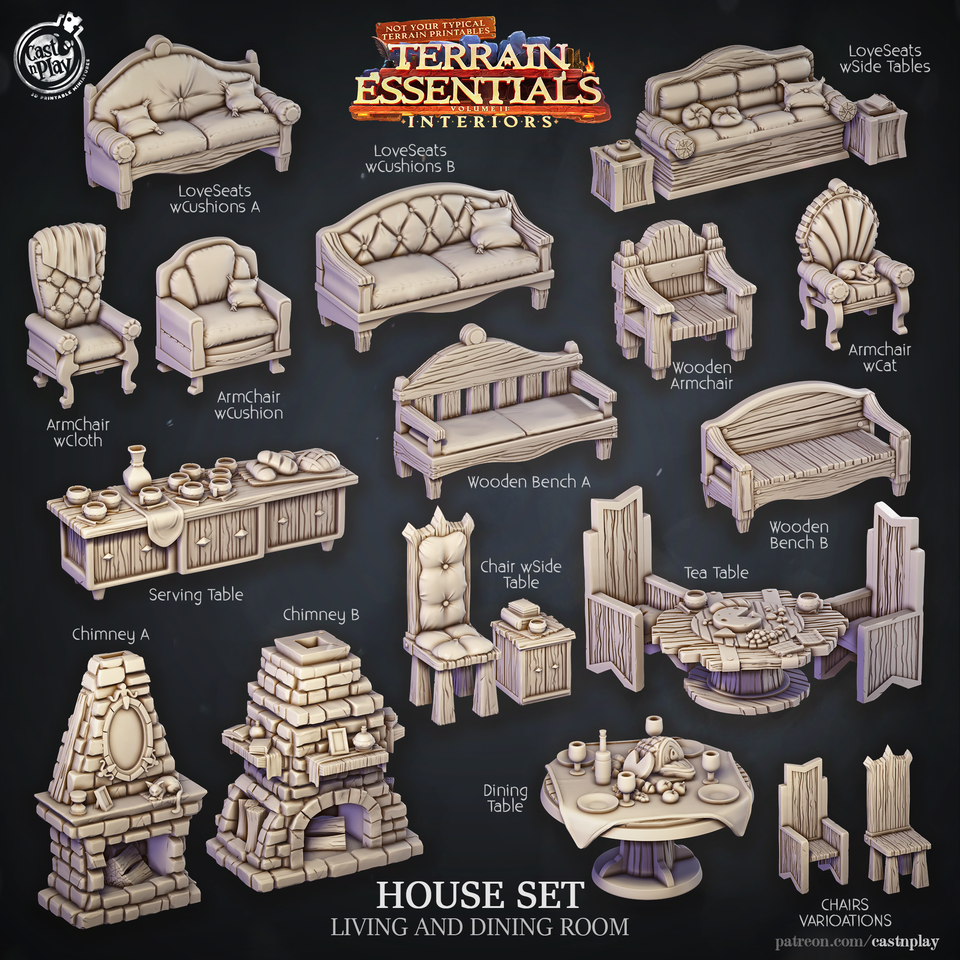 3D Printed Cast n Play House Set Living and Dining Room Terrain Essentials 28mm 32mm D&D