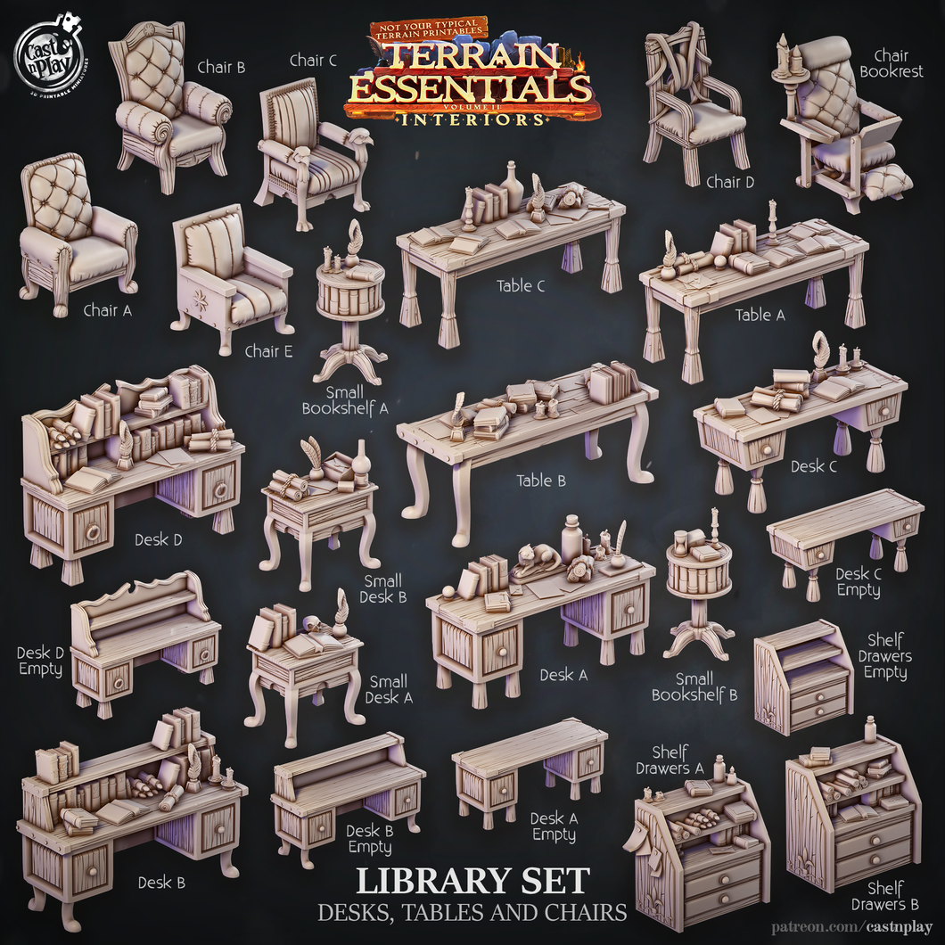 3D Printed Cast n Play Library Desks Tables and Chairs Terrain Essentials 28mm 32mm D&D