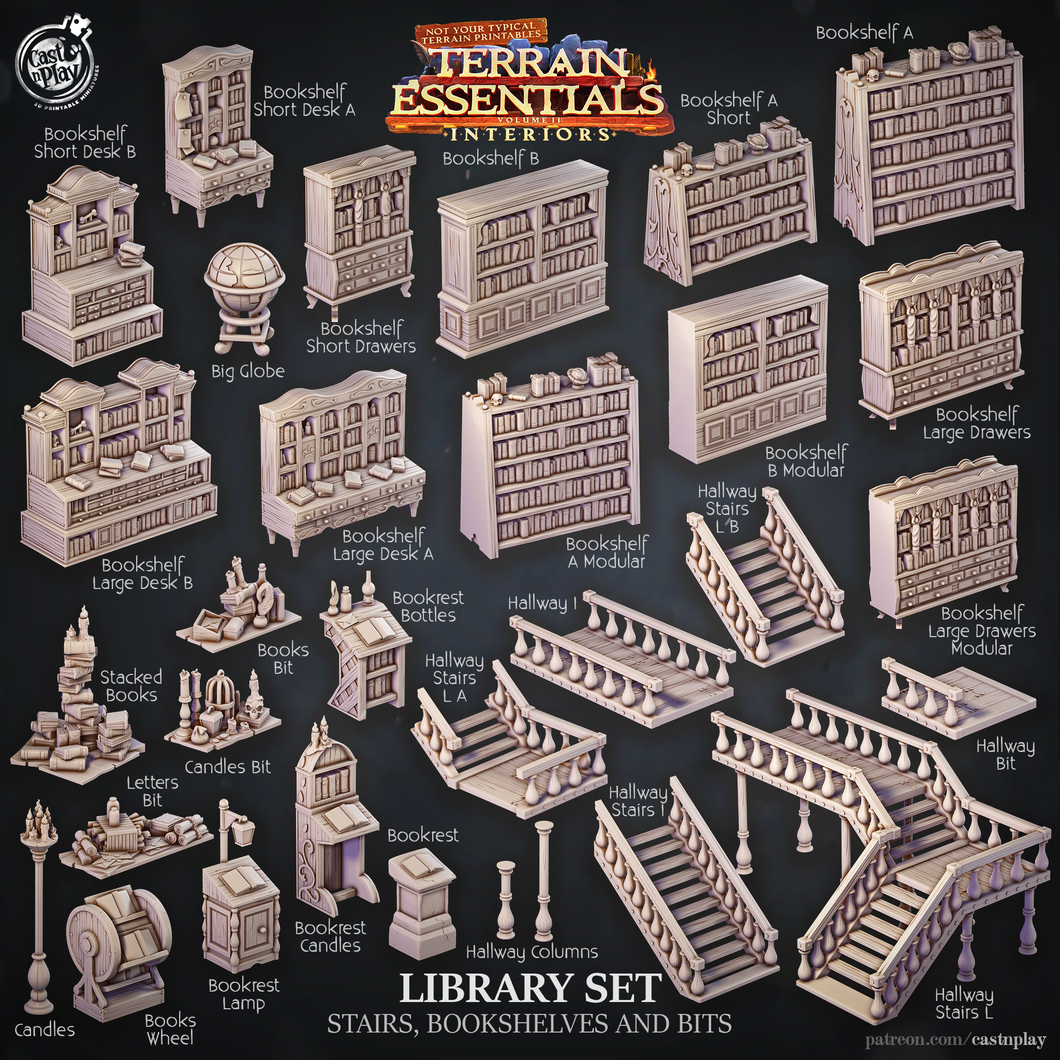 3D Printed Cast n Play Library Stairs, Bookshelves and Bits Terrain Essentials 28mm 32mm D&D