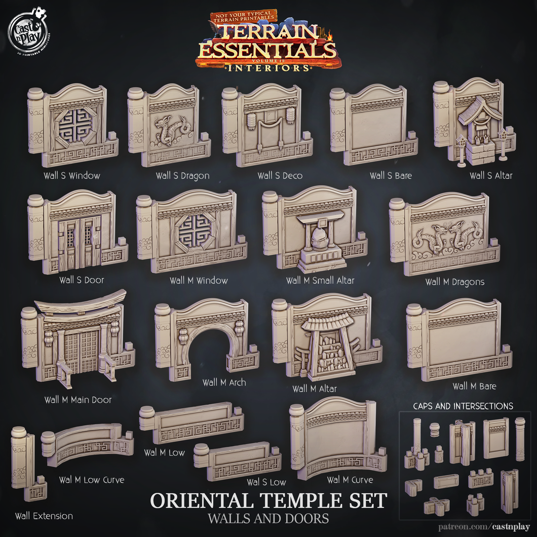 3D Printed Cast n Play Oriental Temple Walls and Doors Terrain Essentials 28mm 32mm D&D