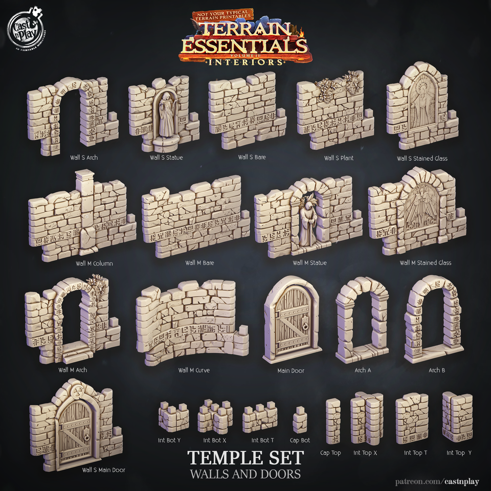 3D Printed Cast n Play Temple Walls and Doors Terrain Essentials 28mm 32mm D&D