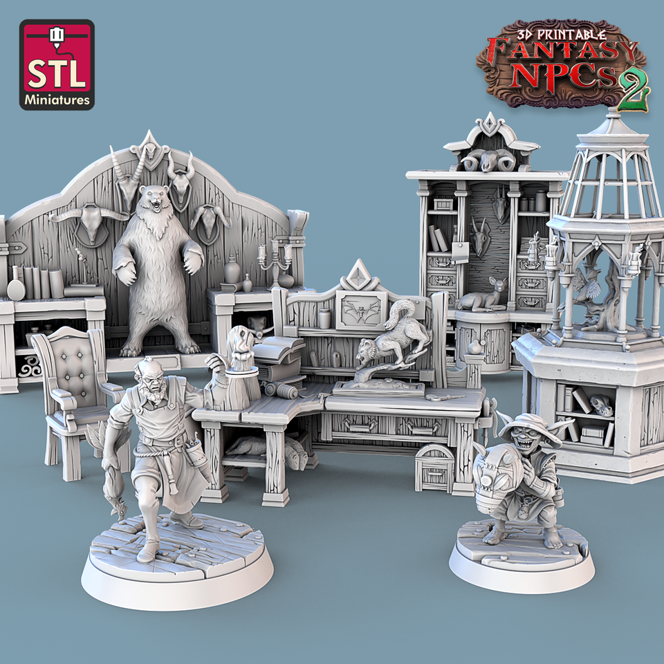 3D Printed STL Miniatures Taxidermist Set Fantasy NPC 2 | 28 - 32mm War Gaming D&D