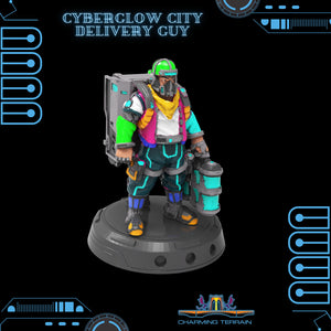 3D Printed Cyberglow City Cyberpunk Delivery Guy Miniature  - 28mm 32mm - Charming Terrain
