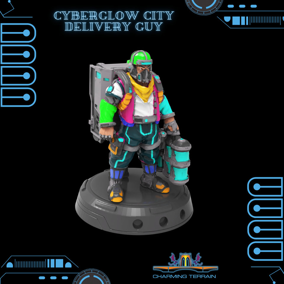 3D Printed Cyberglow City Cyberpunk Delivery Guy Miniature  - 28mm 32mm - Charming Terrain