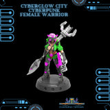 3D Printed Cyberglow City Cyberpunk Female Warrior Miniature  - 28mm 32mm - Charming Terrain