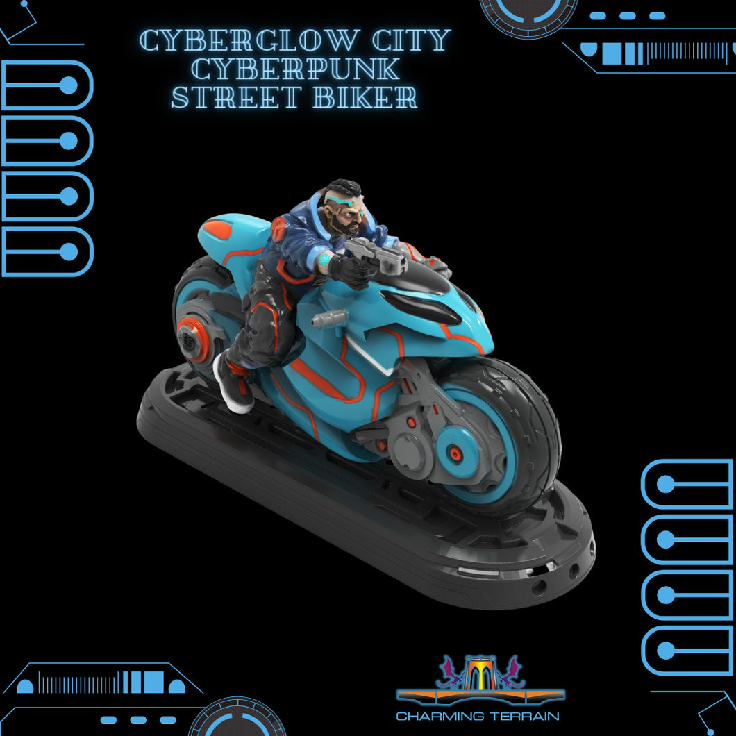 3D Printed Cyberglow City Cyberpunk Street Biker Miniature  - 28mm 32mm - Charming Terrain