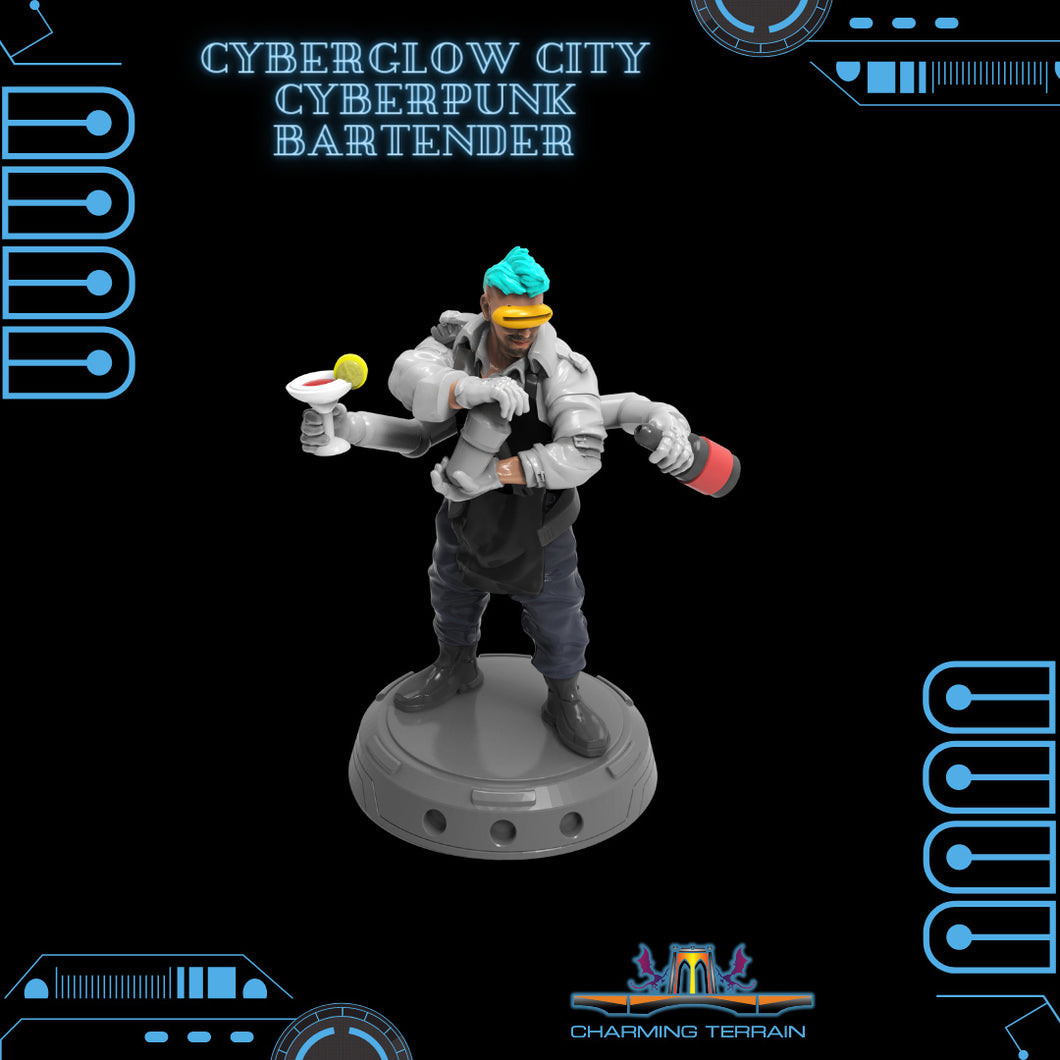 3D Printed Cyberglow City Cyberpunk Bartender Miniature  - 28mm 32mm - Charming Terrain