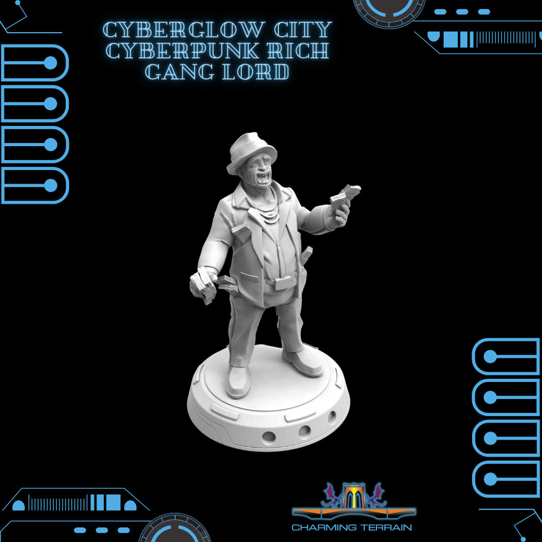 3D Printed Cyberglow City Cyberpunk Crazy Rich Gang Lord Miniature  - 28mm 32mm - Charming Terrain