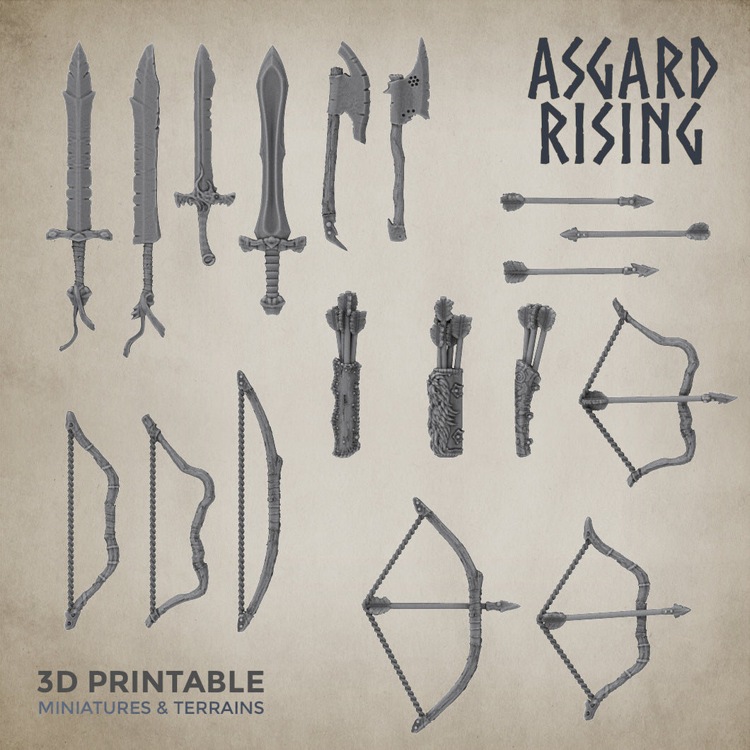 3D Printed Asgard Rising Sword and Bow Weapon Set 4 - 32mm D&D - Charming Terrain