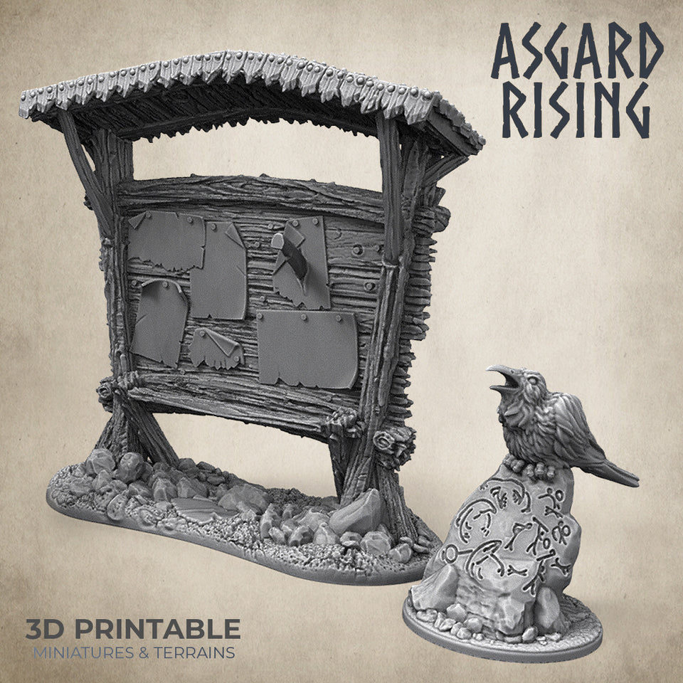 3D Printed Asgard Rising Notice Bounty Board & Rune Rock with Crow 32mm D&D - Charming Terrain