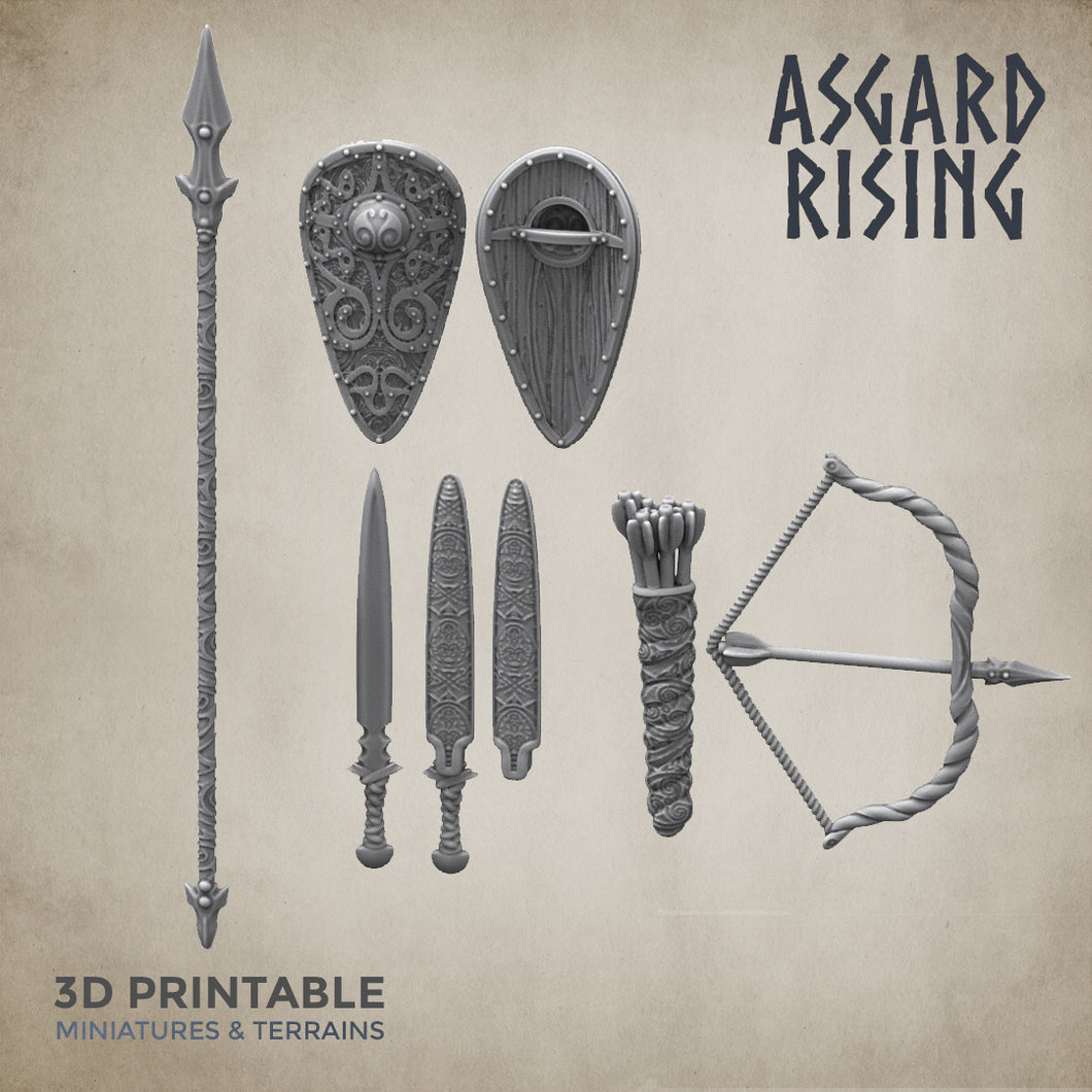 3D Printed Asgard Rising Shield and Sword Weapon Set 5 - 32mm D&D - Charming Terrain