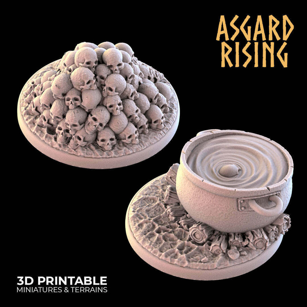 3D Printed Asgard Rising Skulls and Cauldron Camp Round Base Set 28mm - 32mm Ragnarok D&D